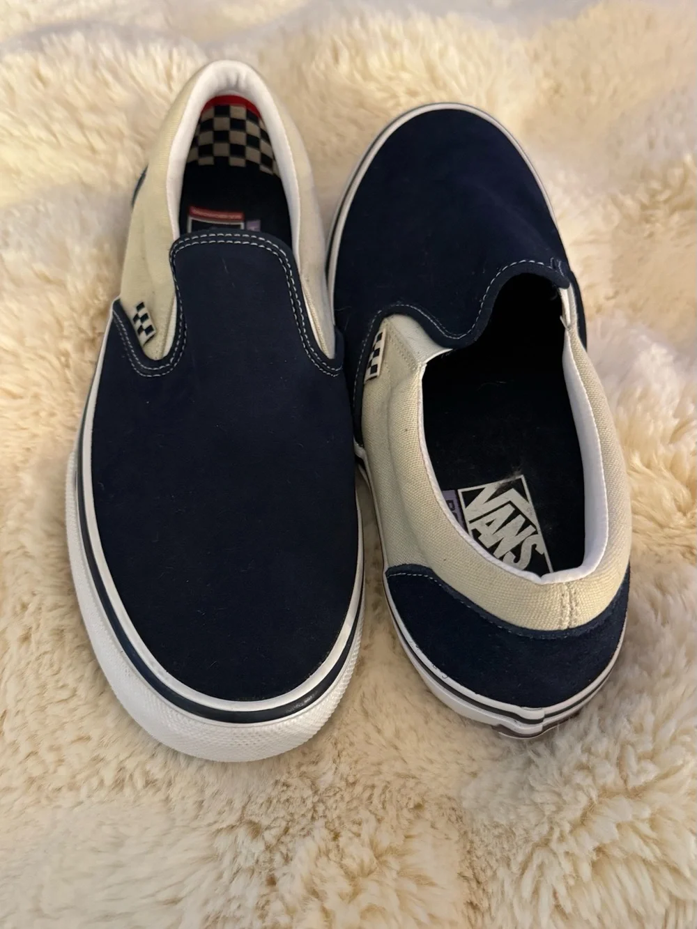 Vans Slip-On Shoe - Navy Suede Cream Canvas. Brand New, Never Worn. Men’s 11